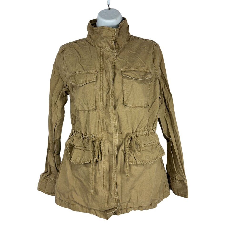 Old Navy Womens Tan Utility Jacket M 100% Cotton Drawstring Waist Full Zip